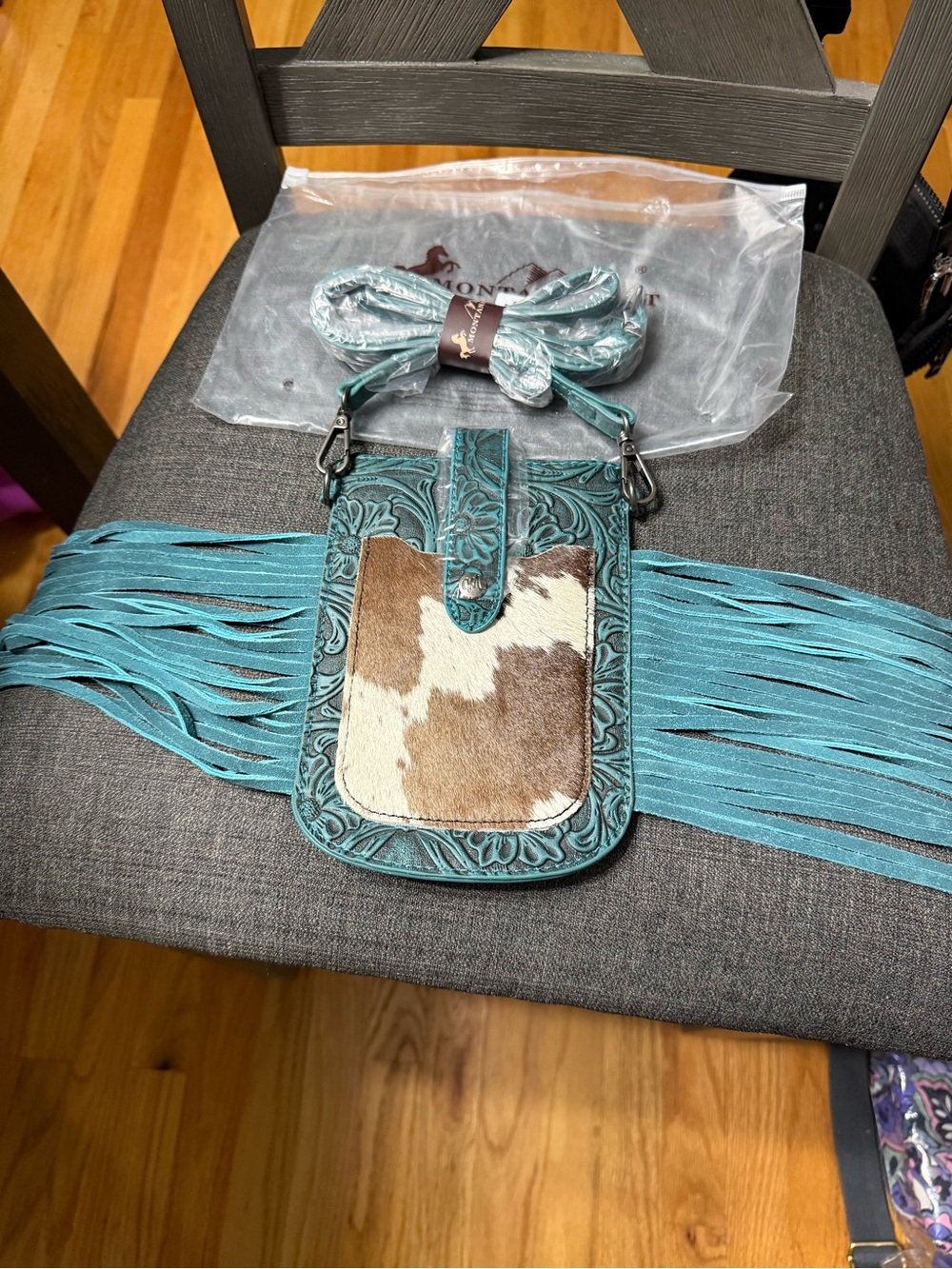Montana West Teal Tooled Fringe Crossbody with Cowhide Accent